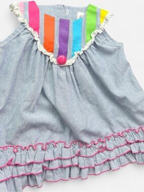 Vintage 90s Striped Blue toddler Dress with Bright Rainbow Trim 3T